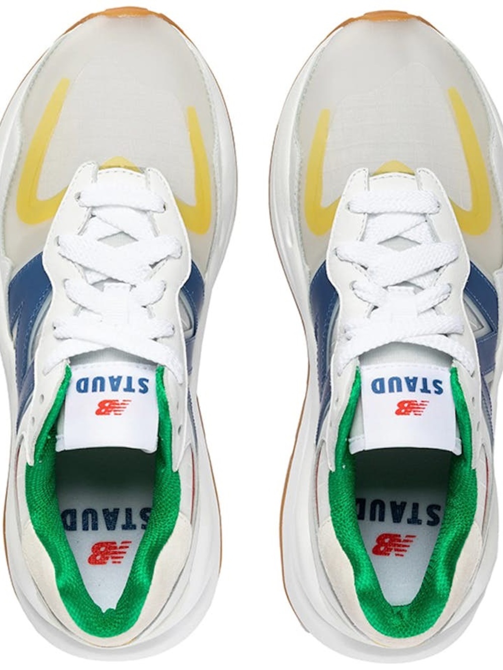 New Balance x Staud 57/40 White Sneakers with Blue, Green & Yellow Accents
